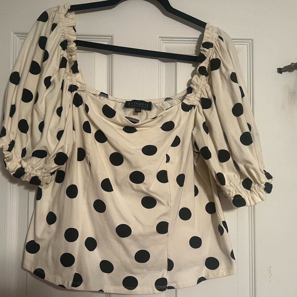 Eloquii Black Polka Dot Cream Blouse puff sleeve